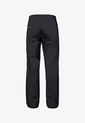 Black waterproof pants with an elastic waistband, open circular area at the back, velcro ankle adjustments, and smooth texture.