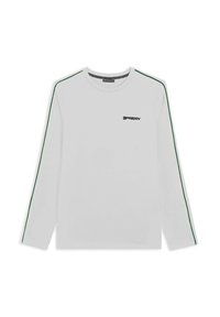 Camicia bianca a maniche lunghe con strisce verdi di accento sulle maniche e un piccolo logo nero sul petto. Realizzata in un materiale liscio e leggero.