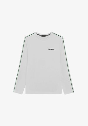 Camicia bianca a maniche lunghe con strisce verdi di accento sulle maniche e un piccolo logo nero sul petto. Realizzata in un materiale liscio e leggero.