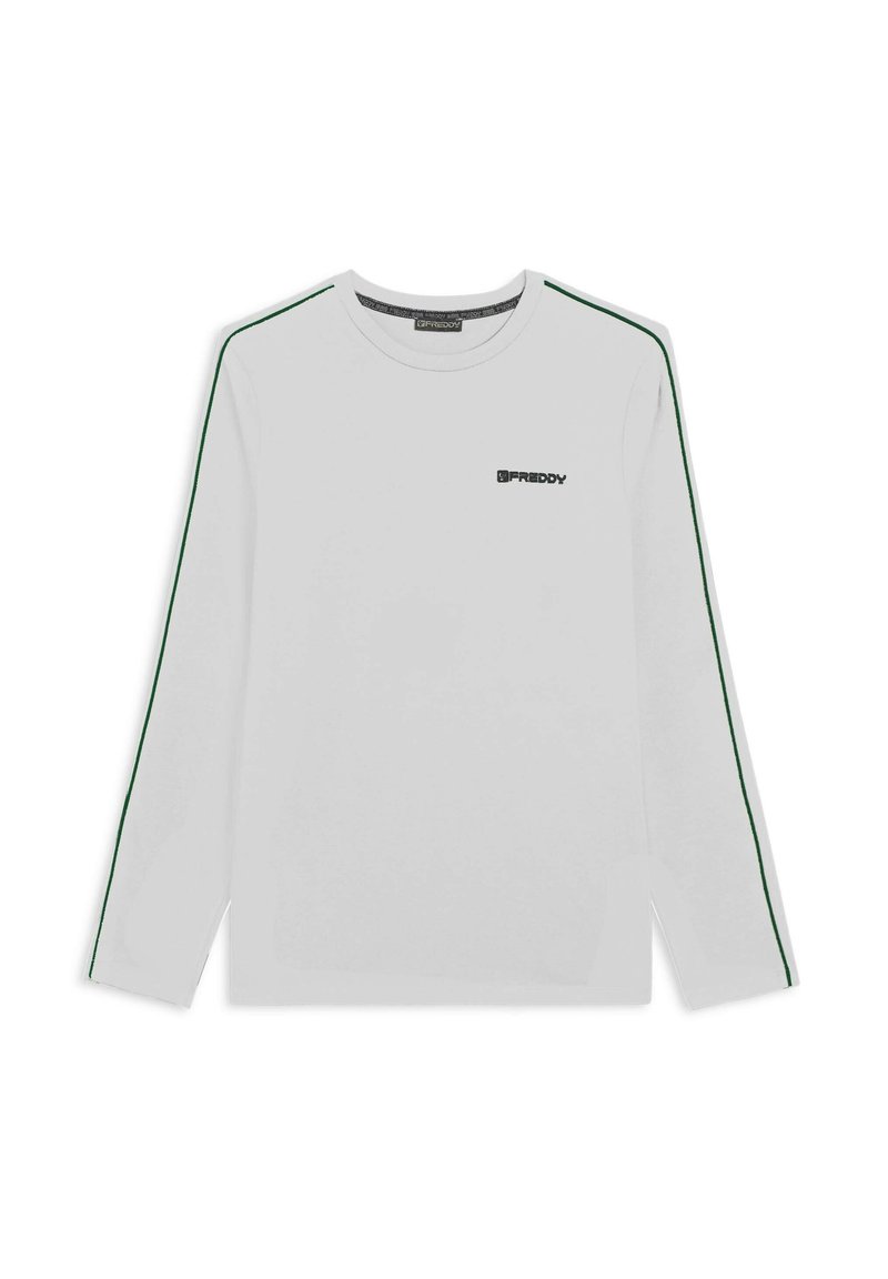 Camicia bianca a maniche lunghe con strisce verdi di accento sulle maniche e un piccolo logo nero sul petto. Realizzata in un materiale liscio e leggero.