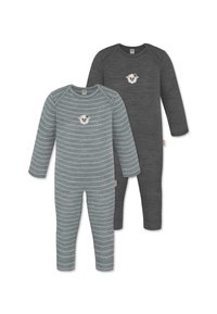 Zwei Langarm-Overalls: einer grau mit feinen Streifen und einem Schaf-Graphic, der andere einfarbig dunkelgrau. Beide haben einen runden Ausschnitt und abgerippte Ärmel.