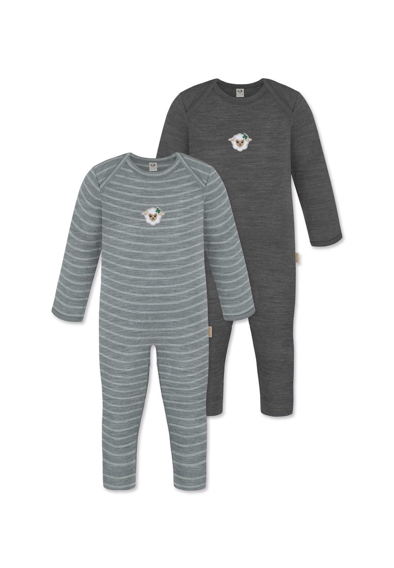 Zwei Langarm-Overalls: einer grau mit feinen Streifen und einem Schaf-Graphic, der andere einfarbig dunkelgrau. Beide haben einen runden Ausschnitt und abgerippte Ärmel.