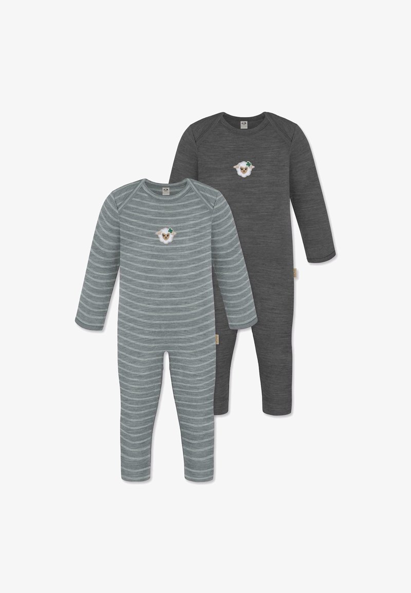 Zwei Langarm-Overalls: einer grau mit feinen Streifen und einem Schaf-Graphic, der andere einfarbig dunkelgrau. Beide haben einen runden Ausschnitt und abgerippte Ärmel.