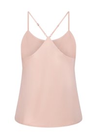 Zijdeachtige roze cami-top met dunne, verstelbare bandjes en een kruisrugontwerp. Glad textuur, losse pasvorm, geen patronen of versieringen.