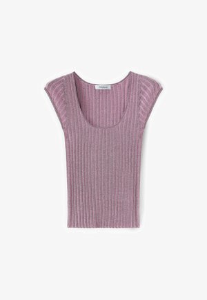 Bezruký žebrovaný pletený top v barvě matného růžového odstínu s širokým kulatým výstřihem a jemným třpytem, položený naplocho.