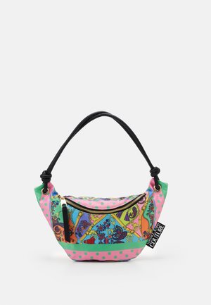 Kleine Handtasche mit schwarzem Griff, farbenfrohem Blumen- und Paisley-Muster, pinken und grünen Punkten und einem goldenen Reißverschluss vorne.
