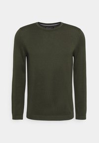 Pull vert à manches longues en tissu tricoté lisse. Il présente un col rond et des poignets et un ourlet côtelés. Design minimaliste sans motifs.