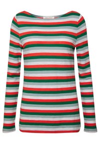 Langarmshirt aus weichem Stoff mit abwechselnd horizontalen Streifen in Grün, Rot, Weiß und Grau. Weiter Ausschnitt, lockere Passform.