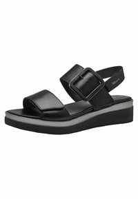 Sandali wedge neri in pelle con due fasce larghe, una fibbia prominente e una suola testurizzata. Presentano un sottile accento grigio sulla piattaforma.