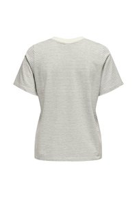 Gestreiftes T-Shirt in Hellgrau und Weiß, mit kurzen Ärmeln, Rundhalsausschnitt und weichem Baumwollmaterial, das horizontale Linien über den Stoff zeigt.