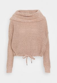 Rosa cropped Pullover mit Wasserfallausschnitt, gerippter Textur und Kordelzug am Saum. Lange Ärmel mit engen Bündchen.