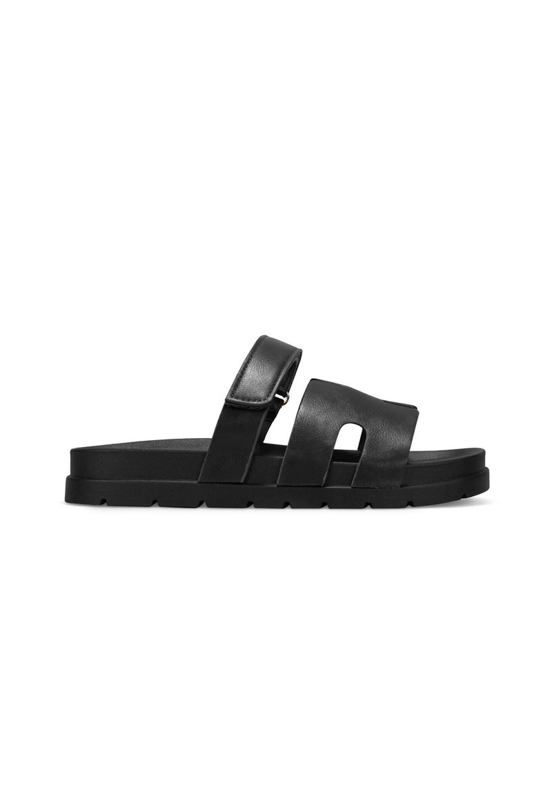 Black leather slide sandals with two wide straps, a smooth texture, and a thick sole. Features cut-out design in strap for ventilation.