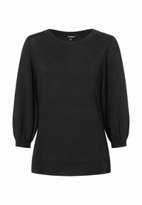 Schwarzer, gestrickter Pullover mit Rundhalsausschnitt, langen Ballonärmeln und gerippten Bündchen und Saum. Weiche Textur, einfaches Design, leichtes Material.