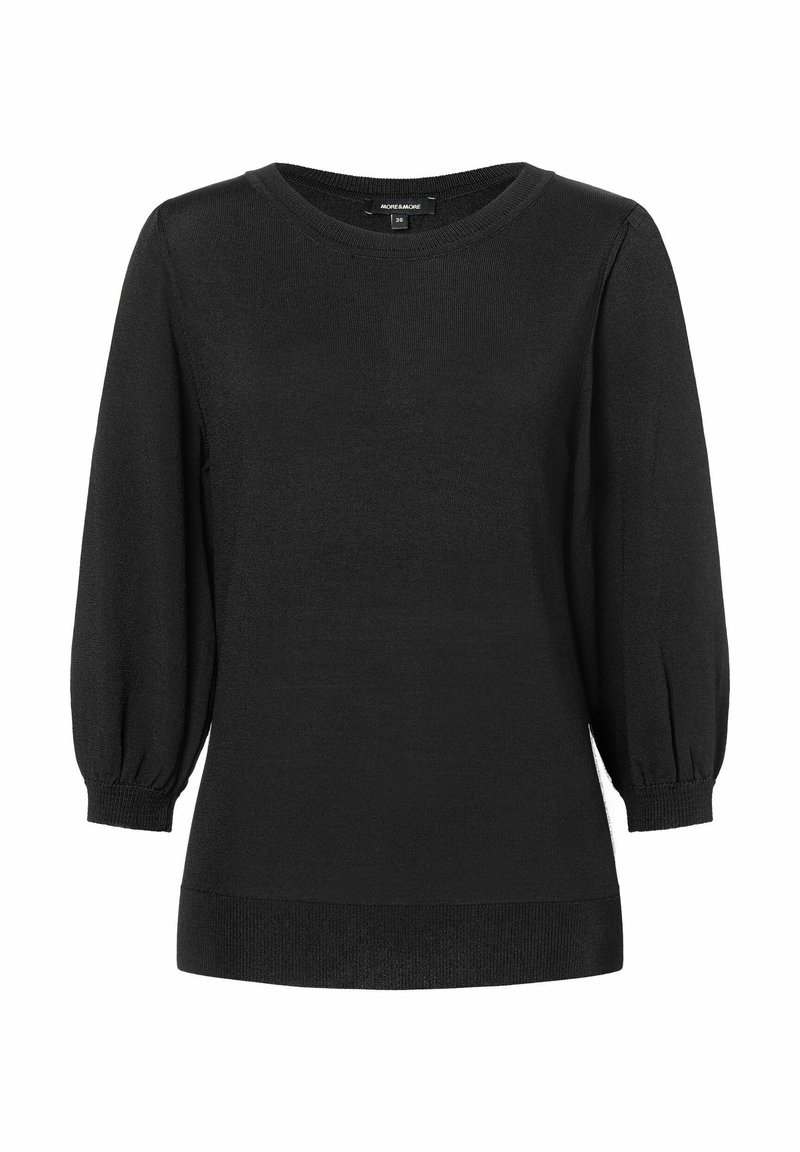 Schwarzer, gestrickter Pullover mit Rundhalsausschnitt, langen Ballonärmeln und gerippten Bündchen und Saum. Weiche Textur, einfaches Design, leichtes Material.