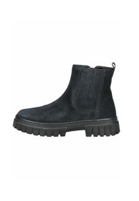 Bottines en suède noir avec une semelle en caoutchouc épaisse, des panneaux latéraux en élastique, des détails de couture et une languette à l'arrière pour un enfilage facile.