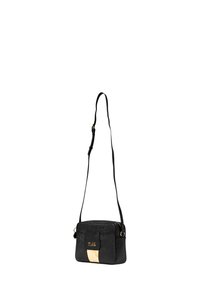 Borsa a tracolla nera con strap regolabile, zip dorata e striscia beige accentata sul davanti.