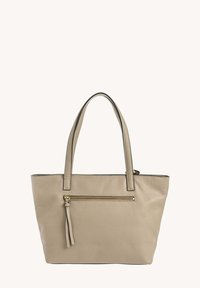 Sac tote en cuir beige avec poignées doubles, fermeture éclair sur le dessus, et une poche extérieure zippée avec un détail en frange. Présente des bords contrastés.