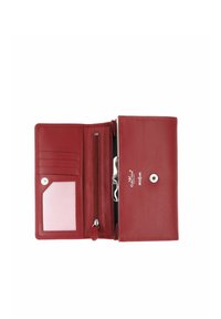 Portefeuille en cuir rouge ouvert montrant des emplacements pour cartes, une fenêtre d'identité transparente, une poche à monnaie zippée et une fermeture à bouton-pression avec étiquette de protection RFID.