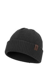 Donkergrijze gebreide muts met een omgeslagen boord, voorzien van een klein bruin lederen label. Gemaakt van zachte, gestructureerde stof, geschikt voor koud weer.