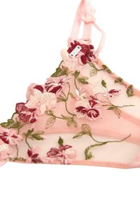 Lyserød gennemsigtig stof med grønne vinstokke og pink samt burgunder broderede blomster, med justerbare lyserøde stropper.