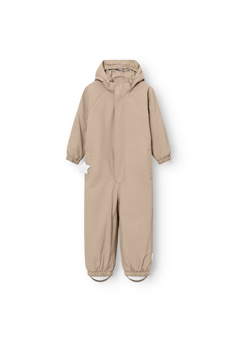 Overall impermeabile beige per bambini con cappuccio, polsini e cavigliere elastiche e tasche laterali. Tessuto liscio, design minimalista.