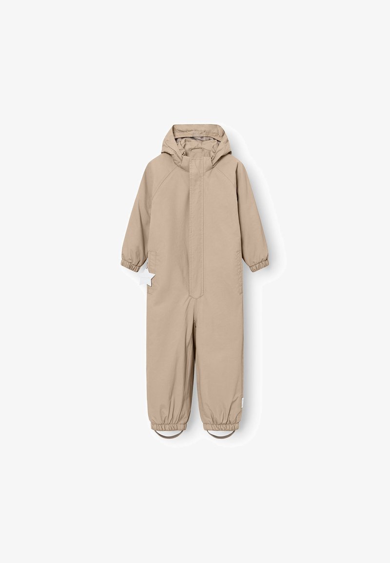 Beige wasserfester Overall für Kinder mit Kapuze, elastischen Handgelenk- und Knöchelbündchen sowie Seitentaschen. Glattes Gewebe, minimalistisches Design.
