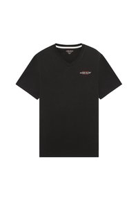Melnas kokvilnas t-kreklas ar V veida kaklu. Uz krūškurvi ir maza sarkana un balta "Guess Jeans" logo. Īsas piedurknes un standarta izmērs.