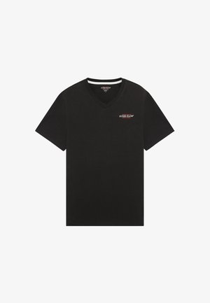 Fekete pamut póló V-nyakkal. Kicsi vörös és fehér "Guess Jeans" logó található a mellkason. Rövid ujjú és normál fazonú.