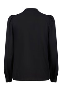 Blouse noire à manches longues avec épaules légèrement bouffantes, rayures verticales texturées et poignets boutonnés, vue de dos.