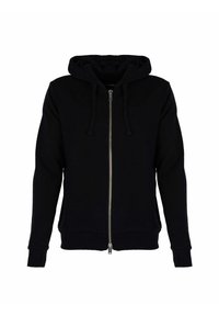 Sudadera con cremallera negra, fabricada en un material suave, con capucha forrada, cordones y puños y dobladillo acanalados. Cuenta con una cremallera de longitud completa para el cierre.