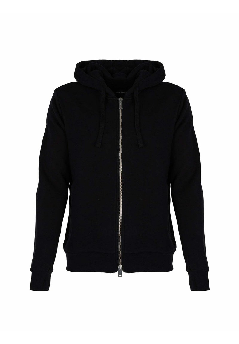 Sudadera con cremallera negra, fabricada en un material suave, con capucha forrada, cordones y puños y dobladillo acanalados. Cuenta con una cremallera de longitud completa para el cierre.