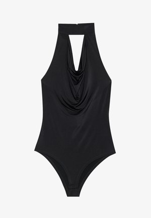 Black one-piece swimsuit with halter neck design, keyhole cutout, and draped front. Made from smooth, stretchy fabric for comfort.