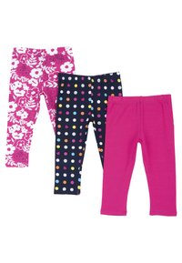 Tre paia di leggings per bambini: uno a fantasia floreale rosa, uno blu scuro con pois multicolori e uno rosa uniforme. Fasce in vita morbide ed elastiche.