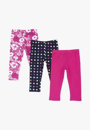Trois paires de leggings pour enfants : un imprimé floral rose, un bleu marine avec des pois multicolores, et un rose uni. Ceintures douces et élastiques.
