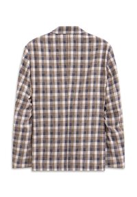 Langärmlige kariertes Jacke in Beige, Weiß und Marineblau. Verfügt über einen klassischen Kragen, Karomuster und strukturierten Stoff. Rückansicht dargestellt.