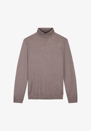 Maglione girocollo marrone chiaro con maniche lunghe, colletto e polsini a costine, realizzato in un morbido materiale a maglia. Design minimalista, senza motivi.