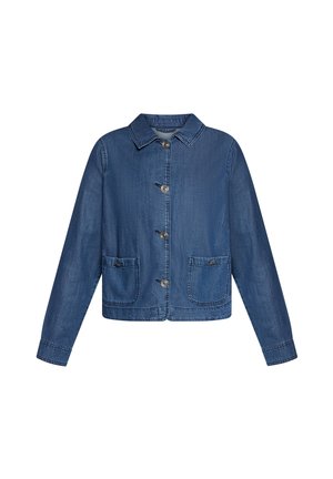 Blauwe denimjas met lange mouwen, klep vooraan met knopen, twee voorzakken met knoopdetails en een klassieke kraag.