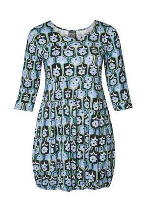 Must kleit kolme neljandik varrukatega, millel on sinise ja rohelise lillemustriga ning kogutud mullilaadne ääreosa.