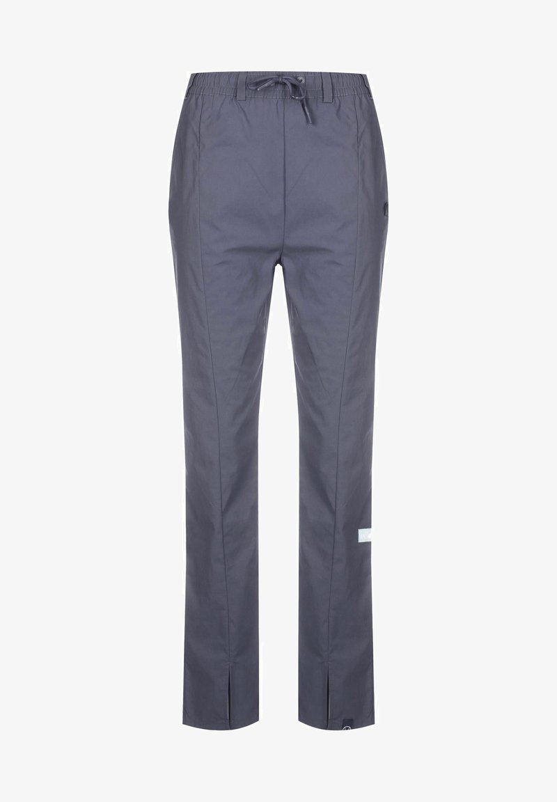 Pelēki, viegli bikses ar elastīgu jostasvietu, regulējamu auklu un šķēlumiem apakšmalās. Izgatavotas no gludas, elpojošas auduma.