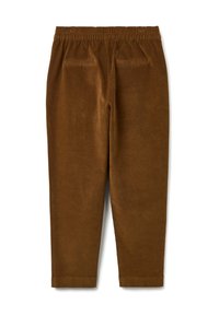 Pantaloni in corduroy marroni con vita elastica e due tasche posteriori a welt, mostrati distesi su sfondo bianco.