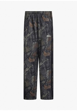 Pantaloni sportivi con motivo mimetico in grigio scuro, verde e marrone; realizzati in tessuto morbido con vita elastica e dettaglio logo bianco.