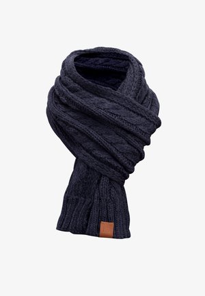 Navy knitted scarf featuring a cable knit pattern, textured fabric, and a brown leather logo patch on one end.