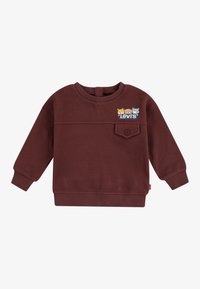 Felpa bordeaux con texture a costine, collo rotondo e maniche lunghe. Presenta una piccola tasca sul petto e un colorato logo "Levi's" con grafiche di animali.