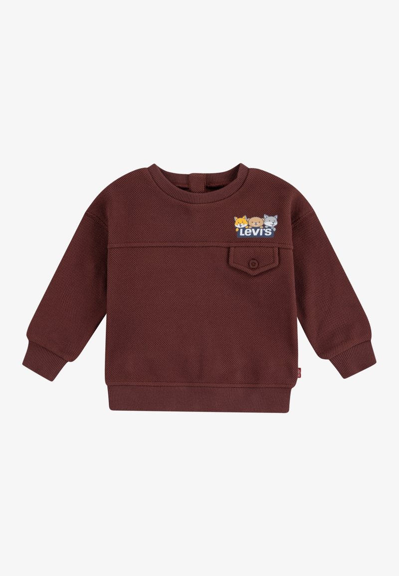 Felpa bordeaux con texture a costine, collo rotondo e maniche lunghe. Presenta una piccola tasca sul petto e un colorato logo "Levi's" con grafiche di animali.