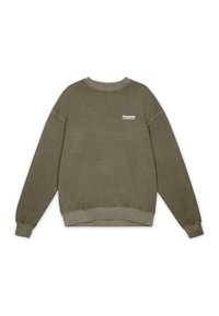 Olive green sweatshirt with a crew neck, ribbed cuffs, and hem. Features a small white logo on the upper back. Soft fabric texture.