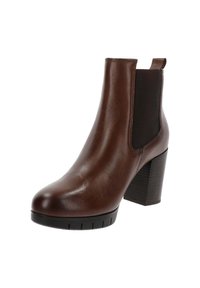 Bruin leren enkellaars met een ronde neus, elastische zijkanten en een robuuste zwarte hak. Gladde textuur met minimale stikseldetails.