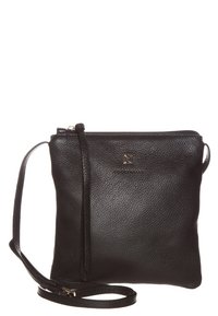 Musta nahkainen olkalaukku, jossa on teksturoitu pinta, vetoketjusuljin ja säädettävä hihna sekä hillitty logodetaili edessä.