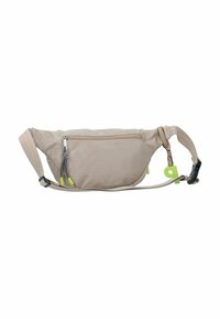 Marsupio beige con superficie texturizzata, tracolla regolabile, tasca frontale con zip e dettagli in giallo fluorescente sulla cerniera e sull'hardware.