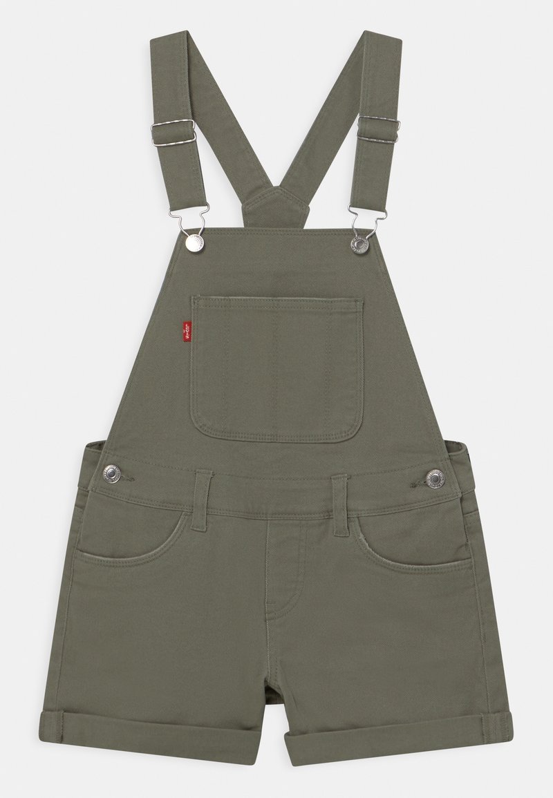 Olivengrønne denimoveralls med justerbare stropper, frontlomme og opsmøgede shorts. Har sølvfarvet hardware og klassisk fem-lomme design.