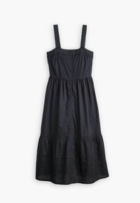 Robe midi noire avec bretelles spaghetti réglables, dotée d'une patte de boutonnage à l'avant, d'un corsage texturé et d'un ourlet à volants orné de détails en dentelle.